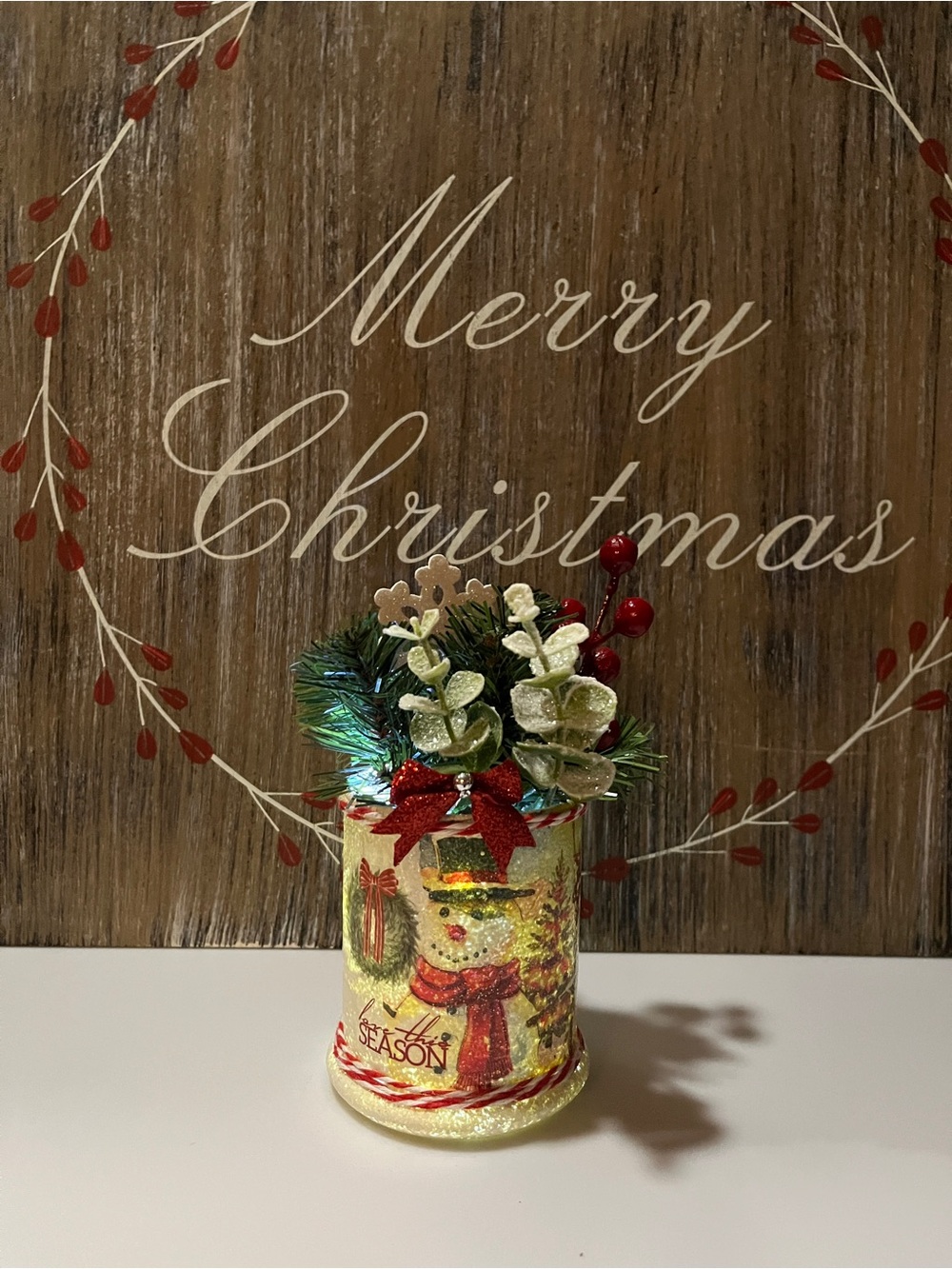 Christmas LED Snowman Holiday Tabletop Pick with Red and Green Accents